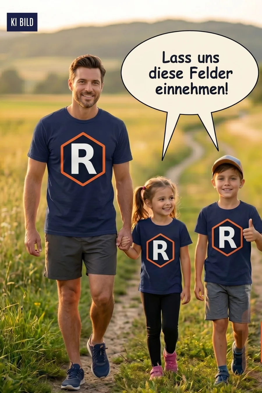 Vater mit zwei Kindern auf einem Feldweg, alle in RUNCLASH-Shirts