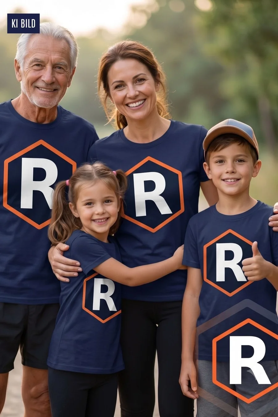 Großvater, Mutter und zwei Kinder in RUNCLASH-Shirts nebeneinander