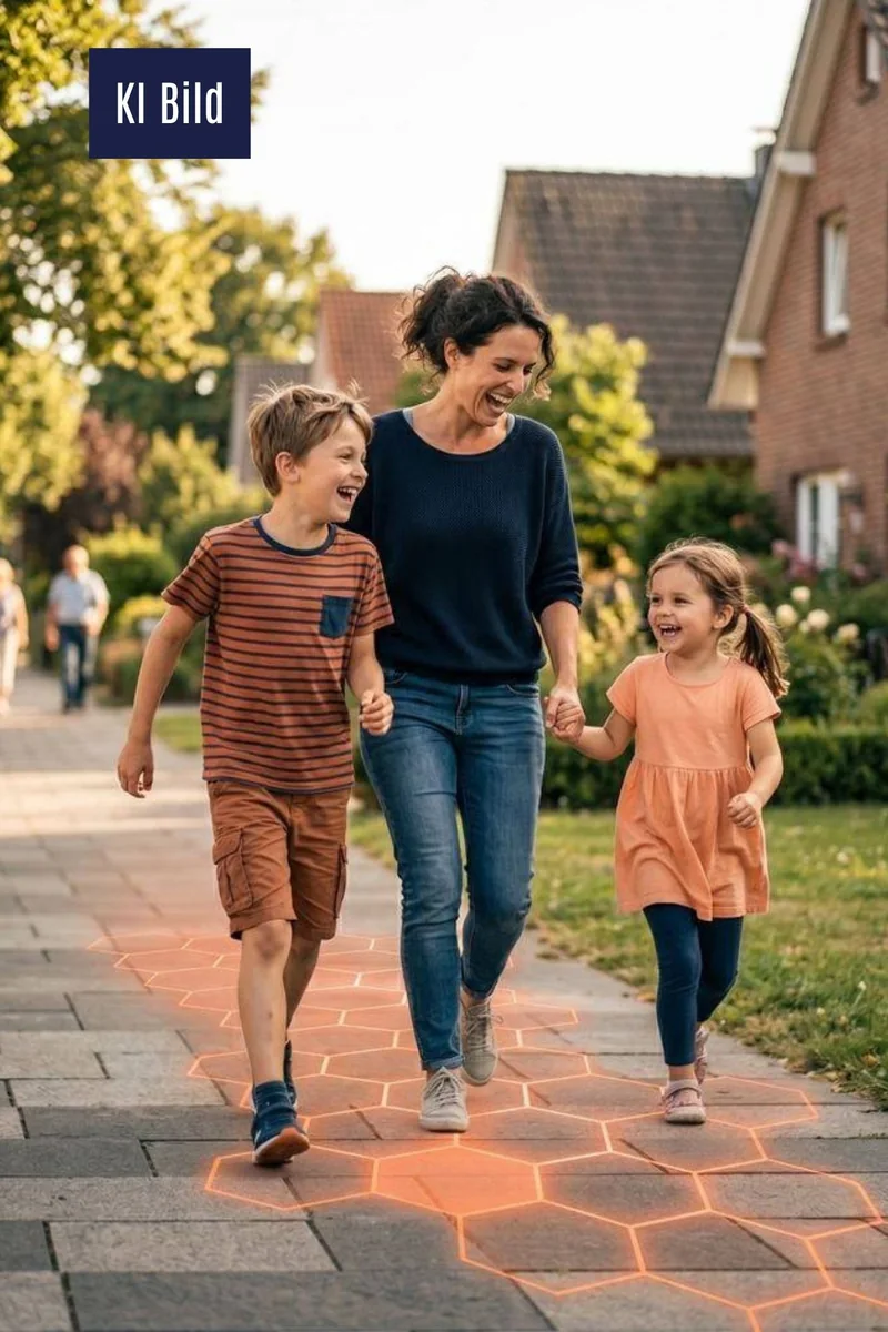 Mutter mit zwei Kindern auf dem Gehweg, unter ihnen leuchten Hexagone auf