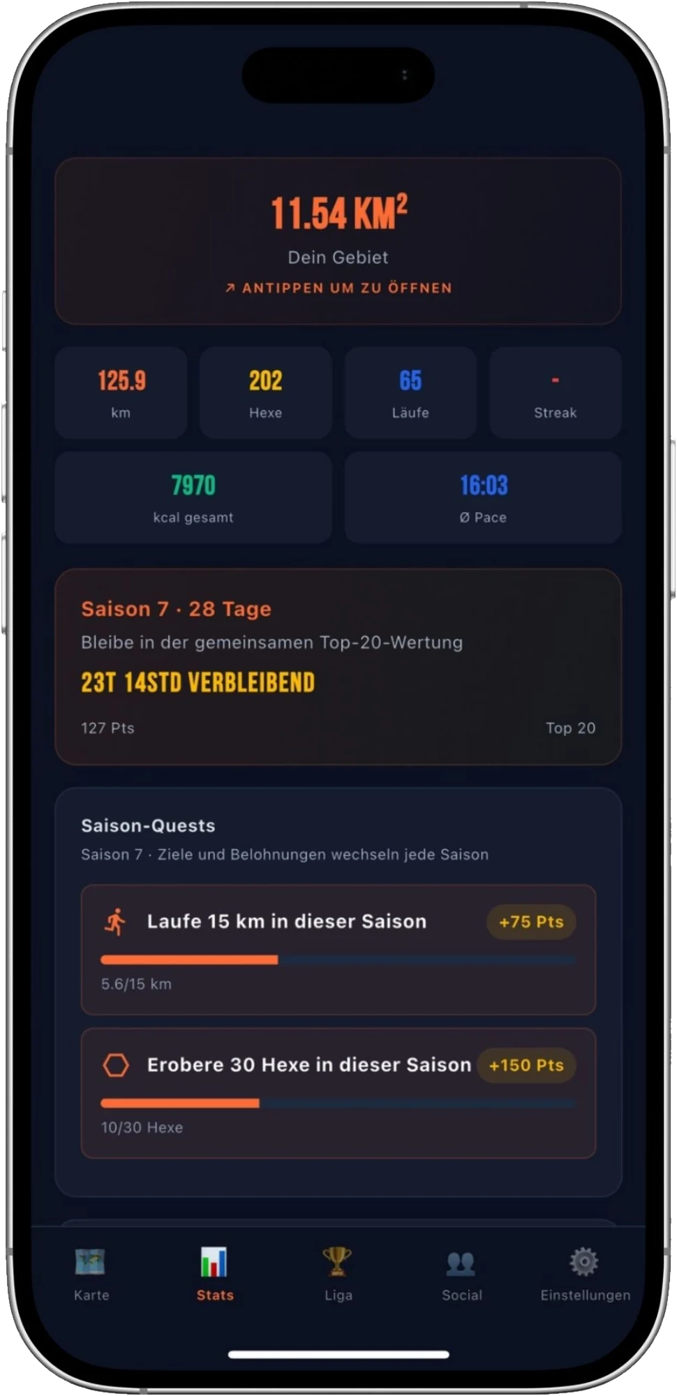 RUNCLASH Statistik: Fläche, Hexagone, Kilometer und Saison-Quests