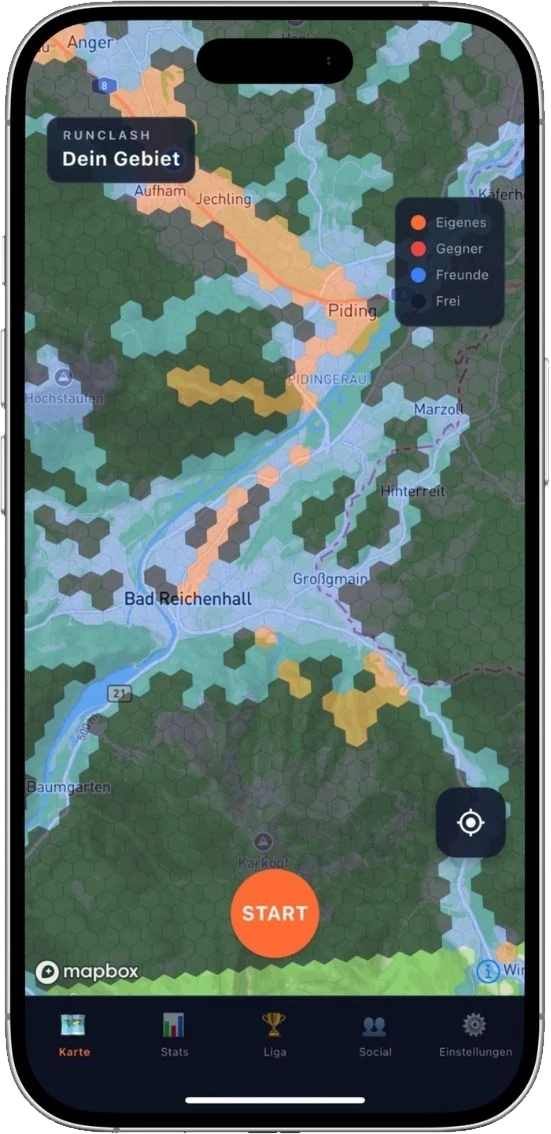 RUNCLASH auf dem iPhone: Karte von Bad Reichenhall mit Hexagon-Feldern in eigener Farbe