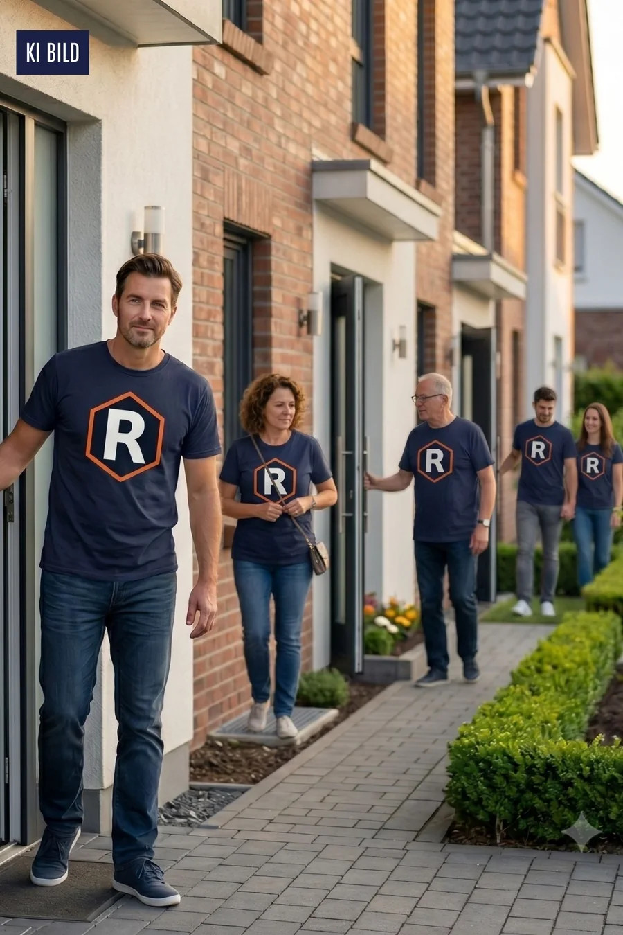 Nachbarn in RUNCLASH-Shirts kommen aus ihren Haustüren in einer Reihenhaussiedlung